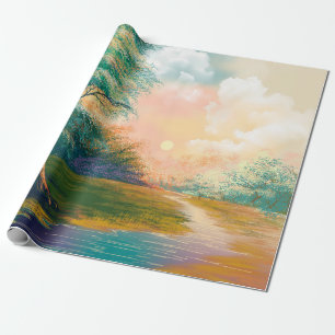 Papel De Presente Paisagem de pintura digital, rio na nascente