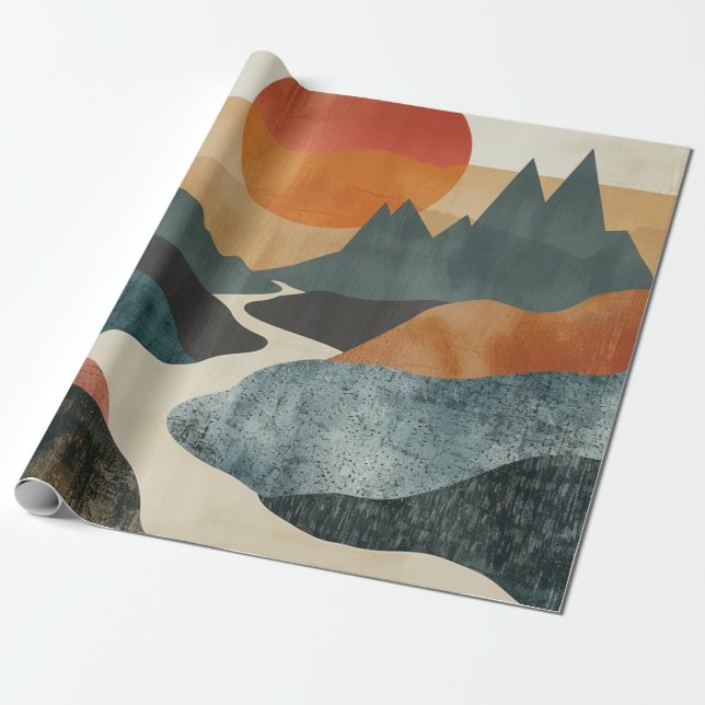 Papel De Presente Paisagem do rio do pôr do sol da montanha em terra (Desenrolado)