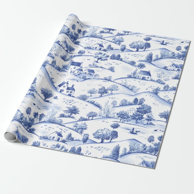Papel De Presente Paisagem Francesa Pastoral Toile Azul Atemporal (Desenrolado)