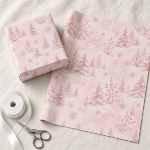 Papel De Presente Paisagem Invernal Rosa Encantada com Árvores Nevad