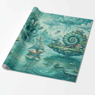 Papel De Presente Paisagem Marinha Verde Turquesa Sonho Surreal Fant