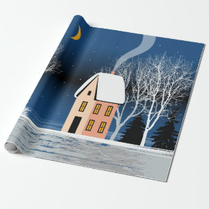 Papel De Presente Paisagem noturna de inverno. Casa Cozy, várias á