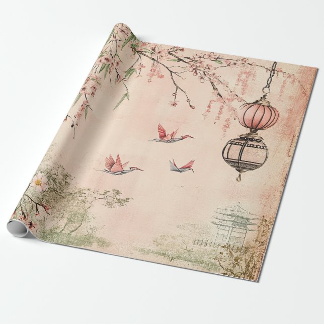 Papel De Presente Paisagem Serena de Cerejeira Rosa (7) (Desenrolado)