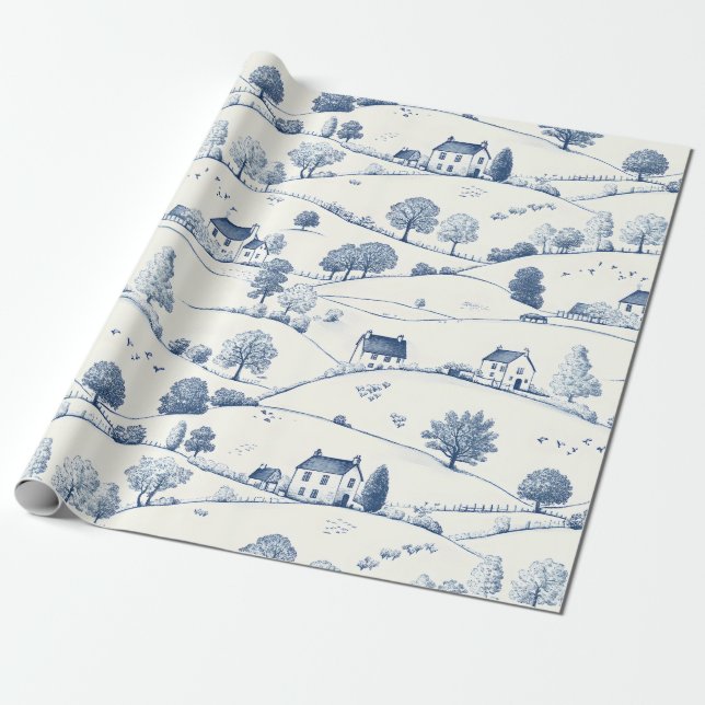 Papel De Presente Paisagem Toile Azul Vintage (2) (Desenrolado)