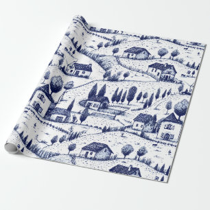 Papel De Presente Paisagem Toile Azul Vintage (5)