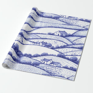 Papel De Presente Paisagem Toile Azul Vintage (6)