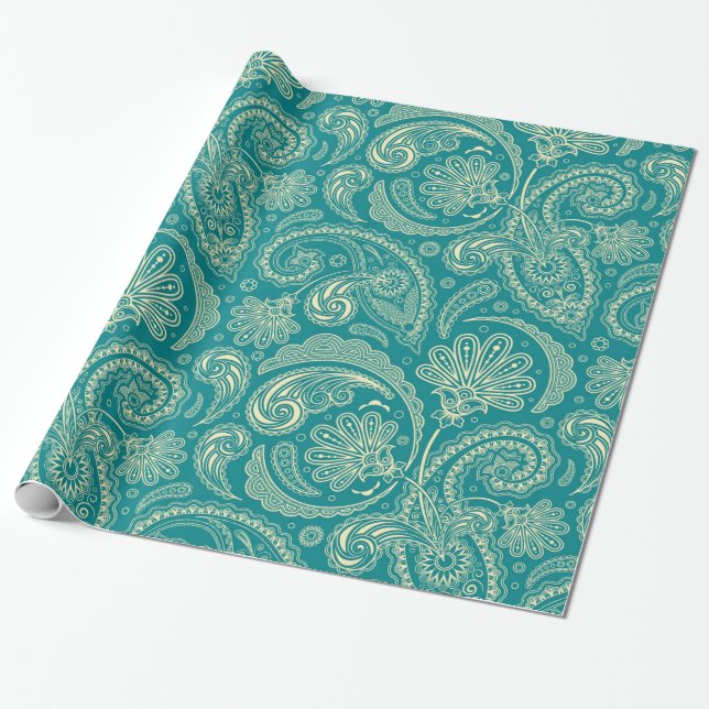 Papel De Presente Paisley Creme Verde Azul E Beige (Desenrolado)