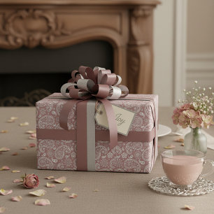Papel De Presente Paisley dourado rosa e branco