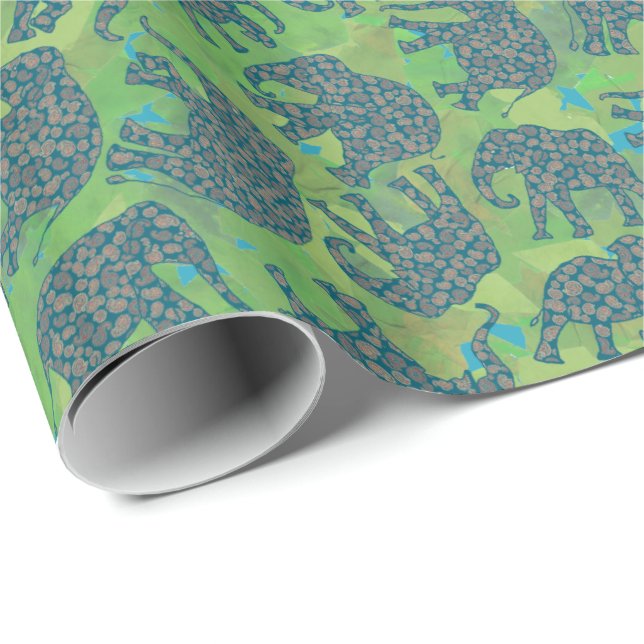 Papel De Presente Paisley Elephants, Jungle Green Leaves Giftwrap (Ponta do rolo)