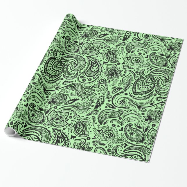 Papel De Presente Paisley Floral Preto e Verde (Desenrolado)
