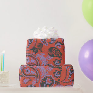 Papel De Presente Paisley Tradicional Linocut Vivid Orange Purple