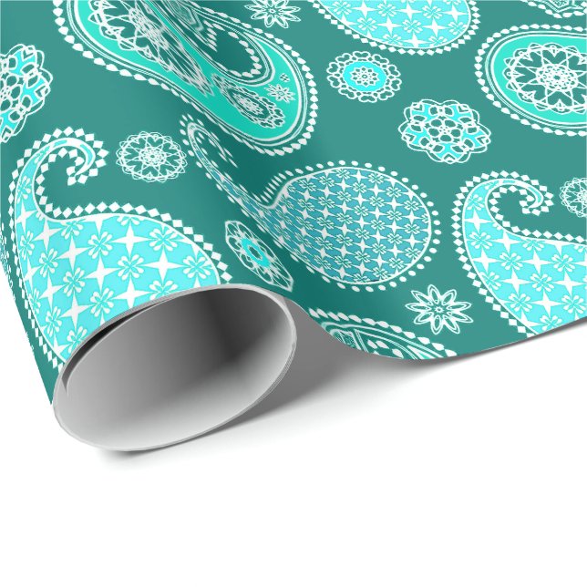 Papel De Presente Paisley, Turquesa, Aqua e White (Ponta do rolo)