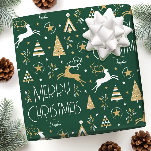 Papel De Presente Palavra de Natal Elegante Nome Personalizado Verde (Criador carregado)