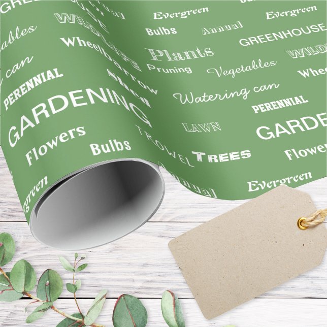 Papel De Presente Palavras de Jardinagem Presente Verde Moderno Aman (Gardener's gift wrap with pattern of gardening themed words, in various fonts, in white on green)