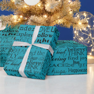 Papel De Presente Palavras Inspirativas Azul Aqua Preto