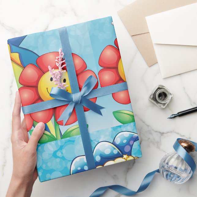 Papel De Presente Palhaço Feliz e Flores Sorridente (Criador carregado)