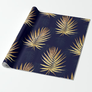Papel De Presente Palm Dourado deixa Marinho Trabalho de arte azul  