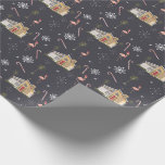 Papel De Presente Palm Primaveras Flamingo Casa de Natal<br><div class="desc">Padrão com ilustrações de uma casa moderna do século médio com palmeiras,  flocos de neve,  flamingos e canas doces.</div>