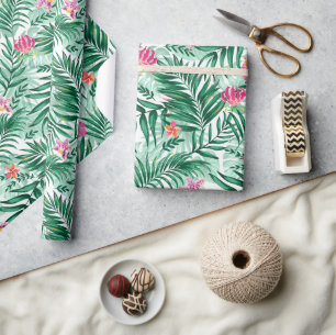 Papel De Presente Palma tropical e folhas de monstera e flores exóti