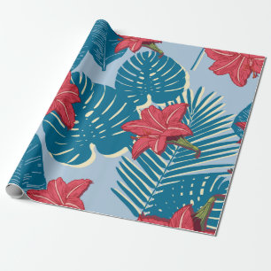 Papel De Presente Palma Tropical padrão azul sem costura