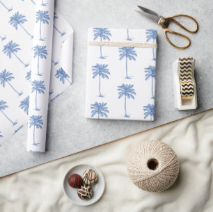 Papel De Presente Palmeira Azul e Branca Palmetto
