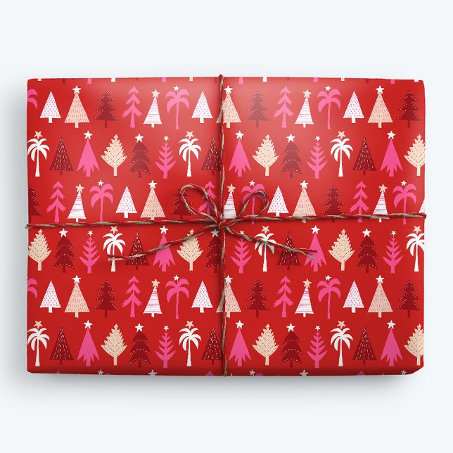 Papel De Presente Palmeiras de Natal Tropicais Vermelhas (Criador carregado)