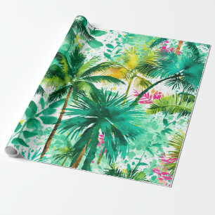 Papel De Presente Palmeiras Tropicais Rosa Verde Azul Costeira