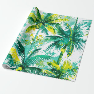 Papel De Presente Palmeiras Tropicais Rosa Verde Azul Costeiro