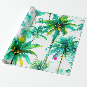 Papel De Presente Palmeiras Tropicais Rosa Verde Azul Costeiro