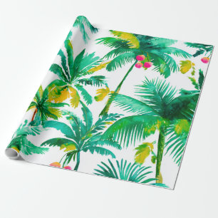 Papel De Presente Palmeiras Tropicais Rosa Verde Azul Costeiro