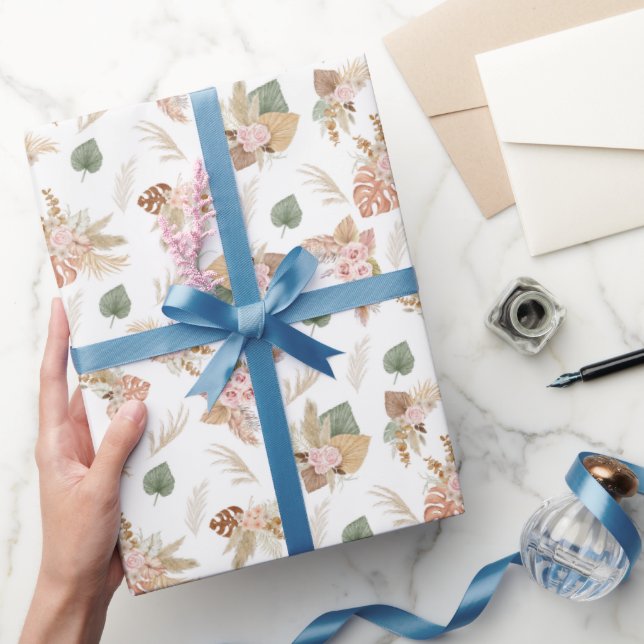 Papel De Presente Pampas Grass e Flores em Branco (Presentear)