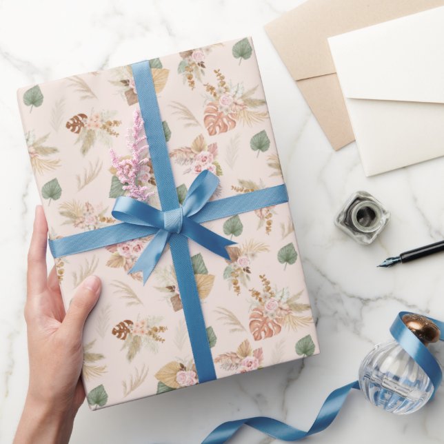 Papel De Presente Pampas Grass e Flores em Creme (Presentear)