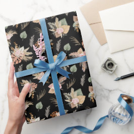 Papel De Presente Pampas Grass e Flores em Preto