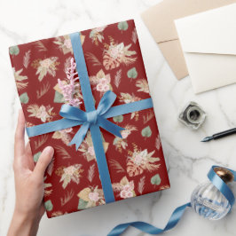 Papel De Presente Pampas Grass e Flores em Vermelho