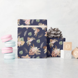 Papel De Presente Pampas Grass & Flowers em Azul Marinho