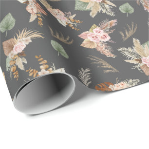 Papel De Presente Pampas Grass & Flowers em Cinzas Escuras