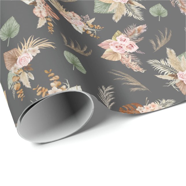 Papel De Presente Pampas Grass & Flowers em Cinzas Escuras (Ponta do rolo)
