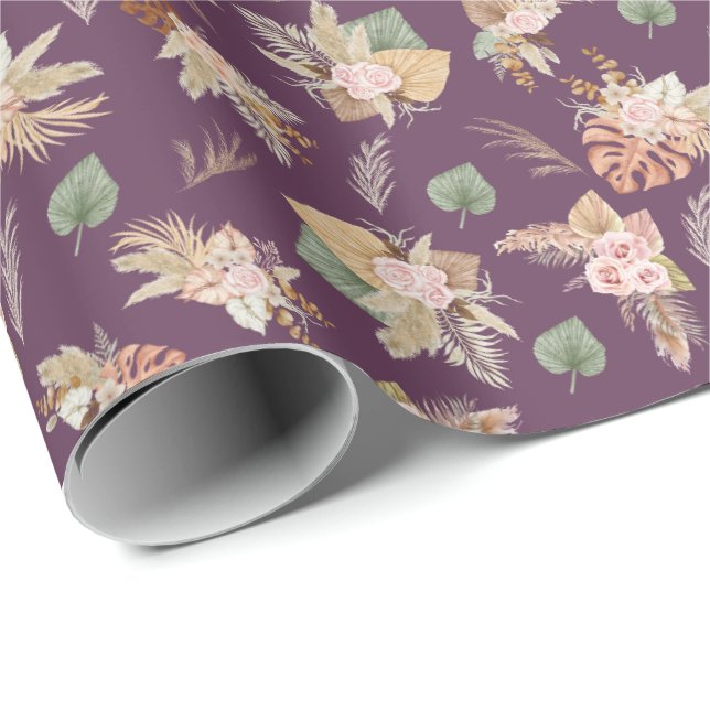 Papel De Presente Pampas Grass & Flowers em Mulberry (Ponta do rolo)