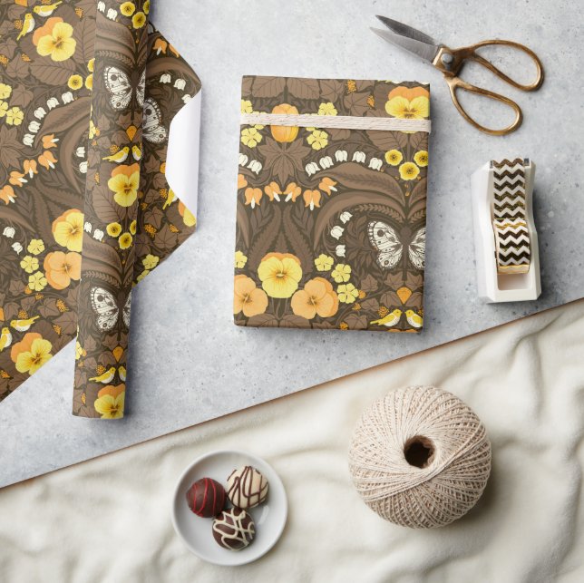 Papel De Presente Pancas, aves e borboletas amarelas (Artesanato)