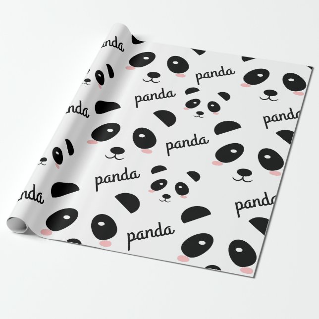 Papel De Presente Panda Bonita Rosto Padrão Branca  (Desenrolado)
