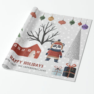 Papel De Presente Panda de inverno e árvores Felizes Natal