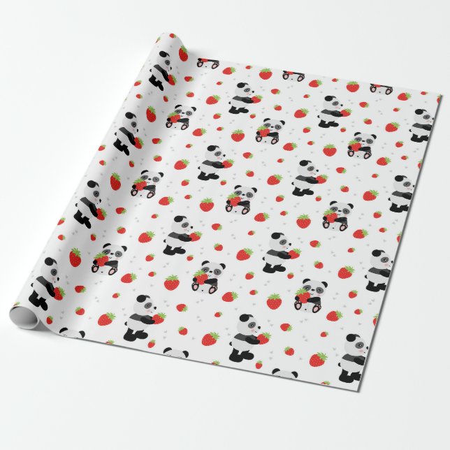 Papel De Presente Panda fofo com morango (Desenrolado)