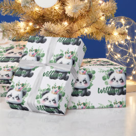 Papel De Presente Panda Fofo Padrão de Aquarela Verde Aniversário