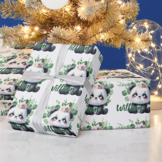 Papel De Presente Panda Fofo Padrão de Aquarela Verde Aniversário