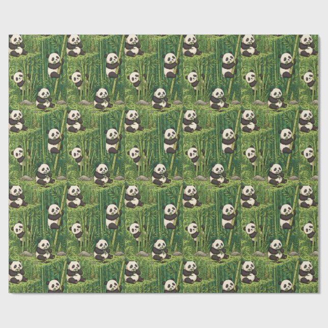 Papel De Presente Pandas Fofos no Padrão de Floresta de Bambu (Aberto)