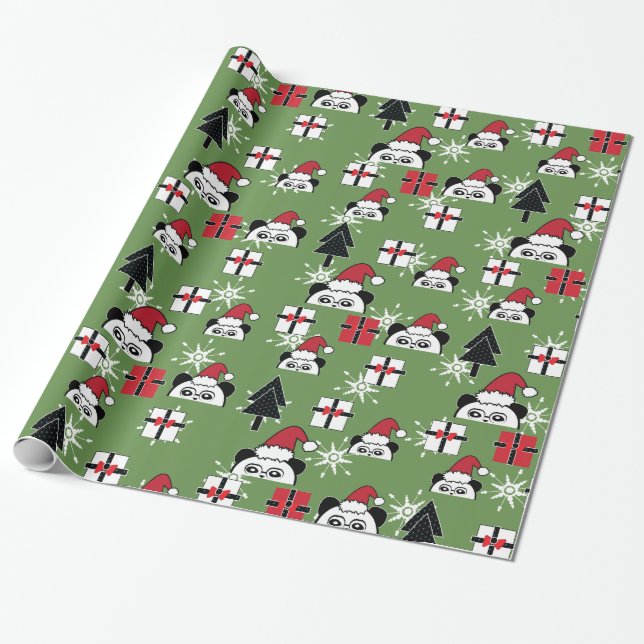 Papel De Presente Pandas Natal Fofo Papai Noel com Presentes (Desenrolado)