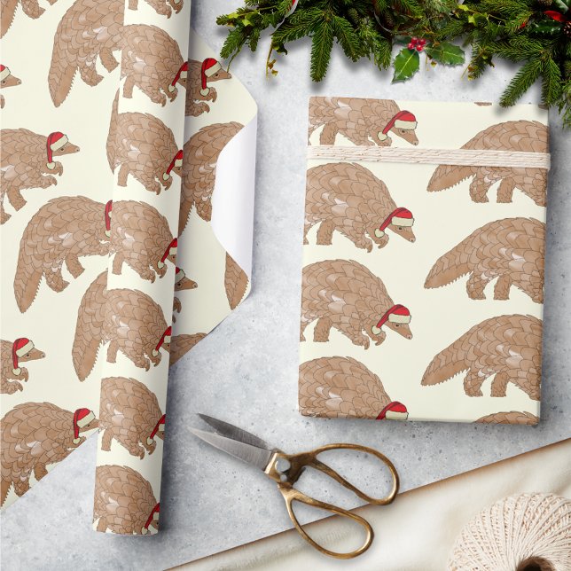 Papel De Presente Pangolin de Natal Vestindo um Chapéu Santa (Christmas pangolin wearing santa hat pattern wildlife holiday wrapping paper )