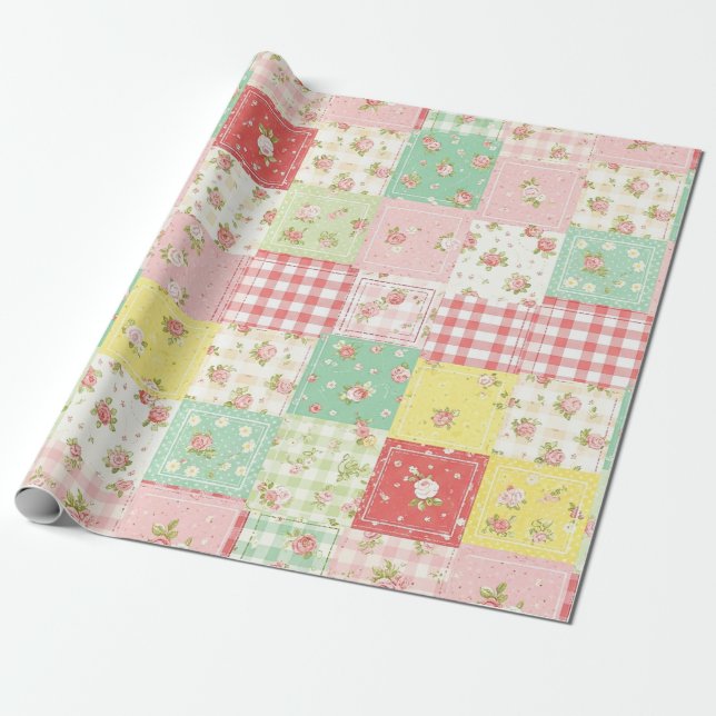 Papel De Presente Pano de Presente - Floral Xadrez Vichy Patchwork P (Desenrolado)