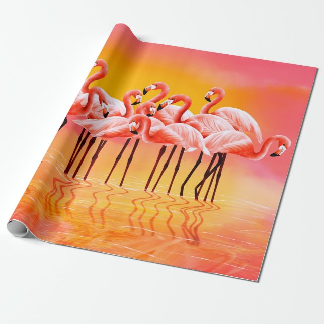 Papel De Presente Panorama de flamingos cor-de-rosa brilhante (Desenrolado)