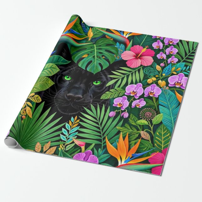 Papel De Presente Pantera Negra Flores da Selva & Folhagem Tropical (Desenrolado)